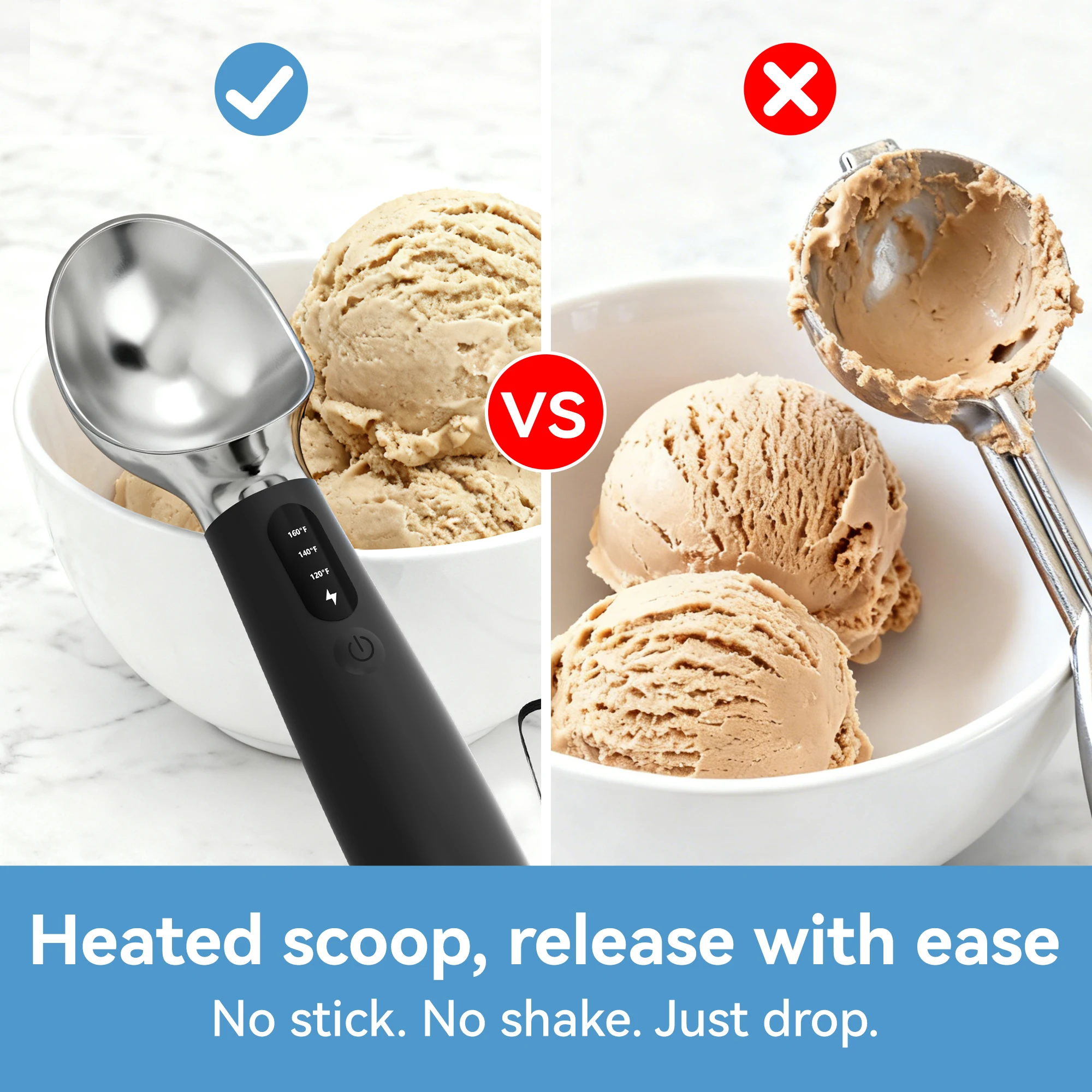 Heated Ice Cream Scoop, Electric Heating Ice Cream Scoop 3-Level (120°F/140°F/160°F) for Rock-Hard Ice Cream, Typc-C Rechargeable Warming Ice Cream Scooper, IPX7 & Easy Clean, Black