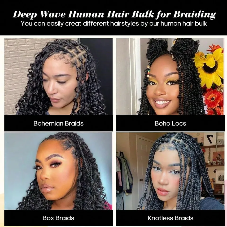 Cabello para trenzas boho, cabello humano profundo ondulado para trenzas, extensiones rizadas para trenzas, mojado y ondulado 5