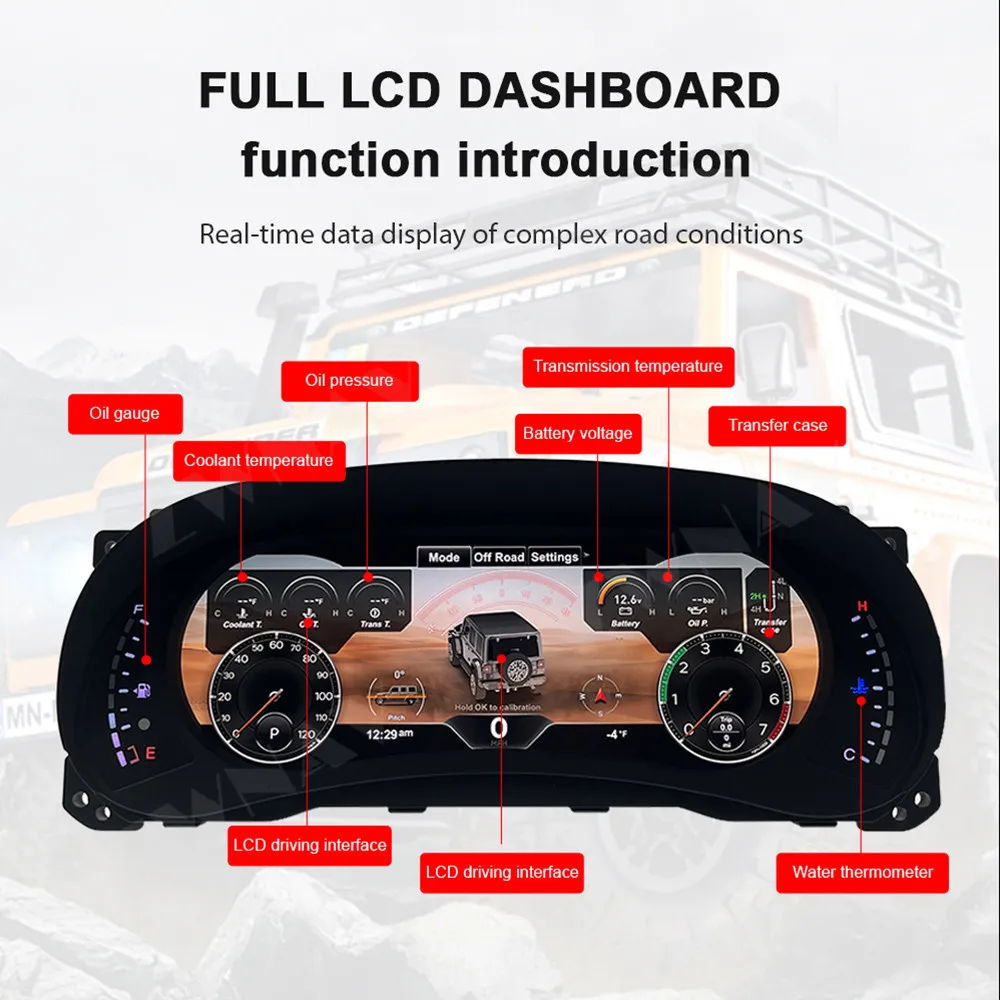 12.3''  LCD Digital Cluster For Jeep Wrangler Instrument Speedometer Dashboard Display Screen Anti-glare Treatment Linux System