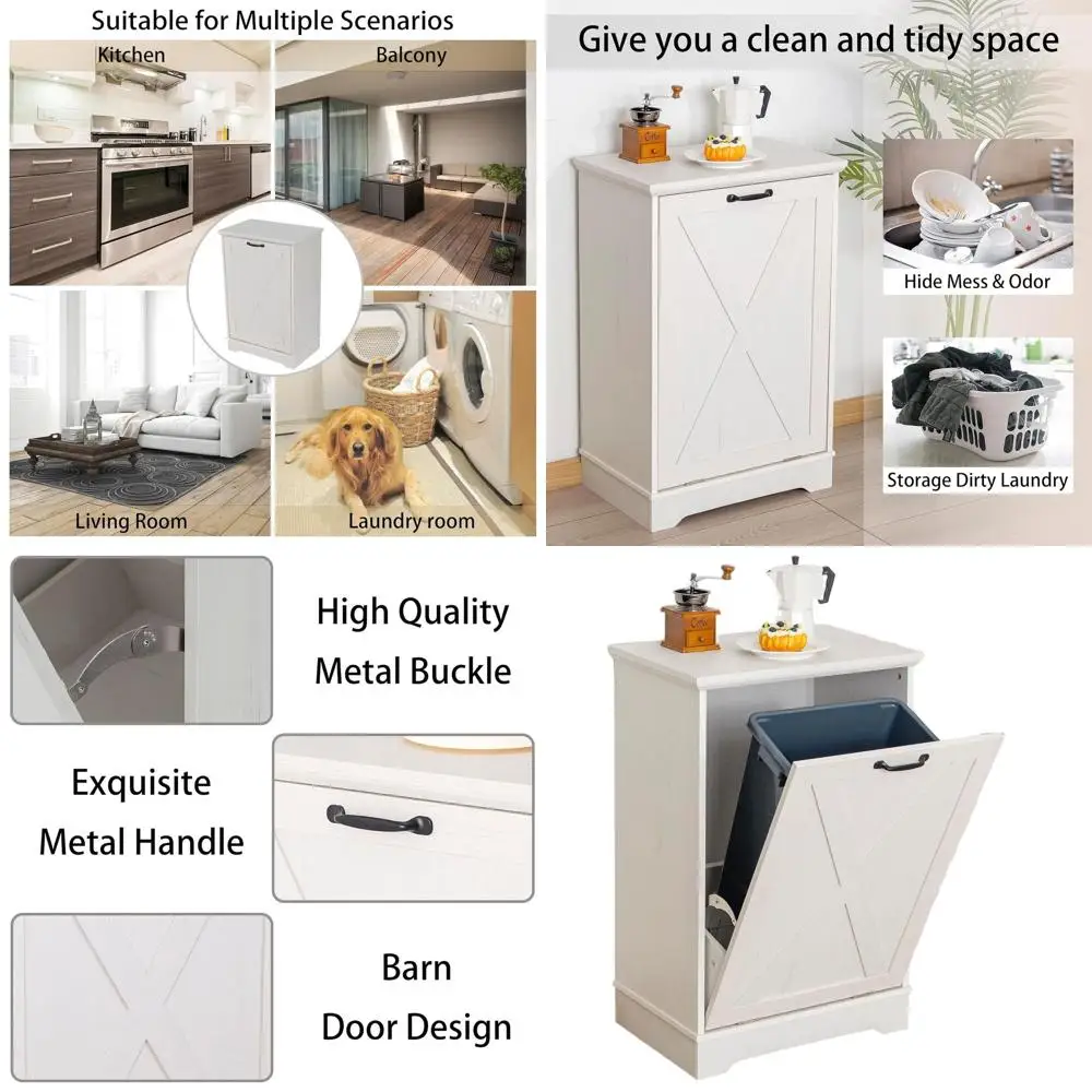 

Pet-Resistant Tilt-Out Wooden Trash Cabinet in Antique White for Kitchen Garbage Storage