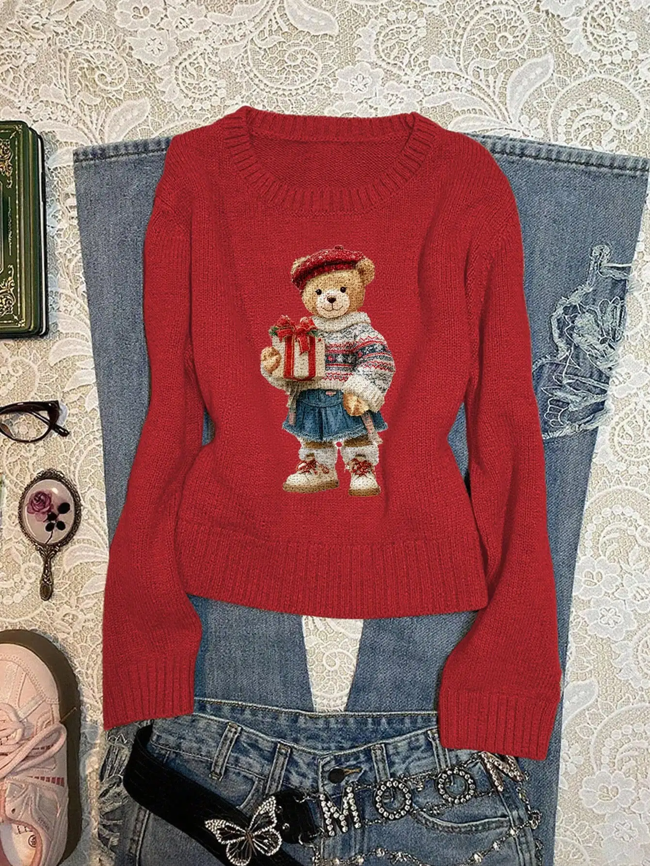 

Women's Red Cartoon Bear Print Crew Neck Long Sleeve Sweater for Christmas Winter Festive Casual Wear