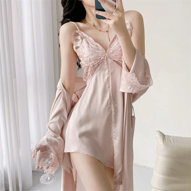 Spring Summer Kimono Bathrobe Gown White Bride Wedding Twinset Robe Set Nightgown Nightwear Loose Butterfly Lace Home Dress