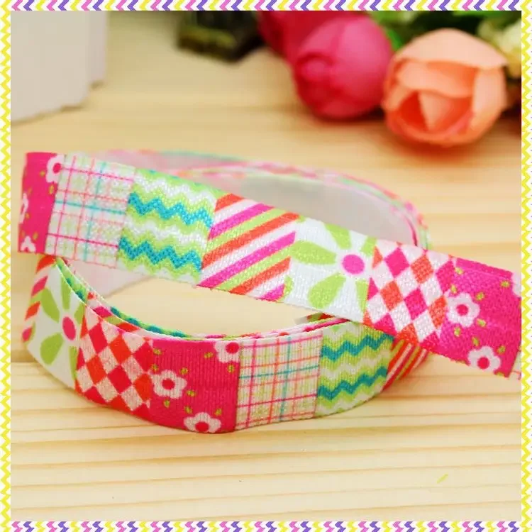 DHK 5/8'' 5yards Fold Over Elastic FOE flowers pattern printed headband headwear hair band diy decoration OEM Wholesale E363