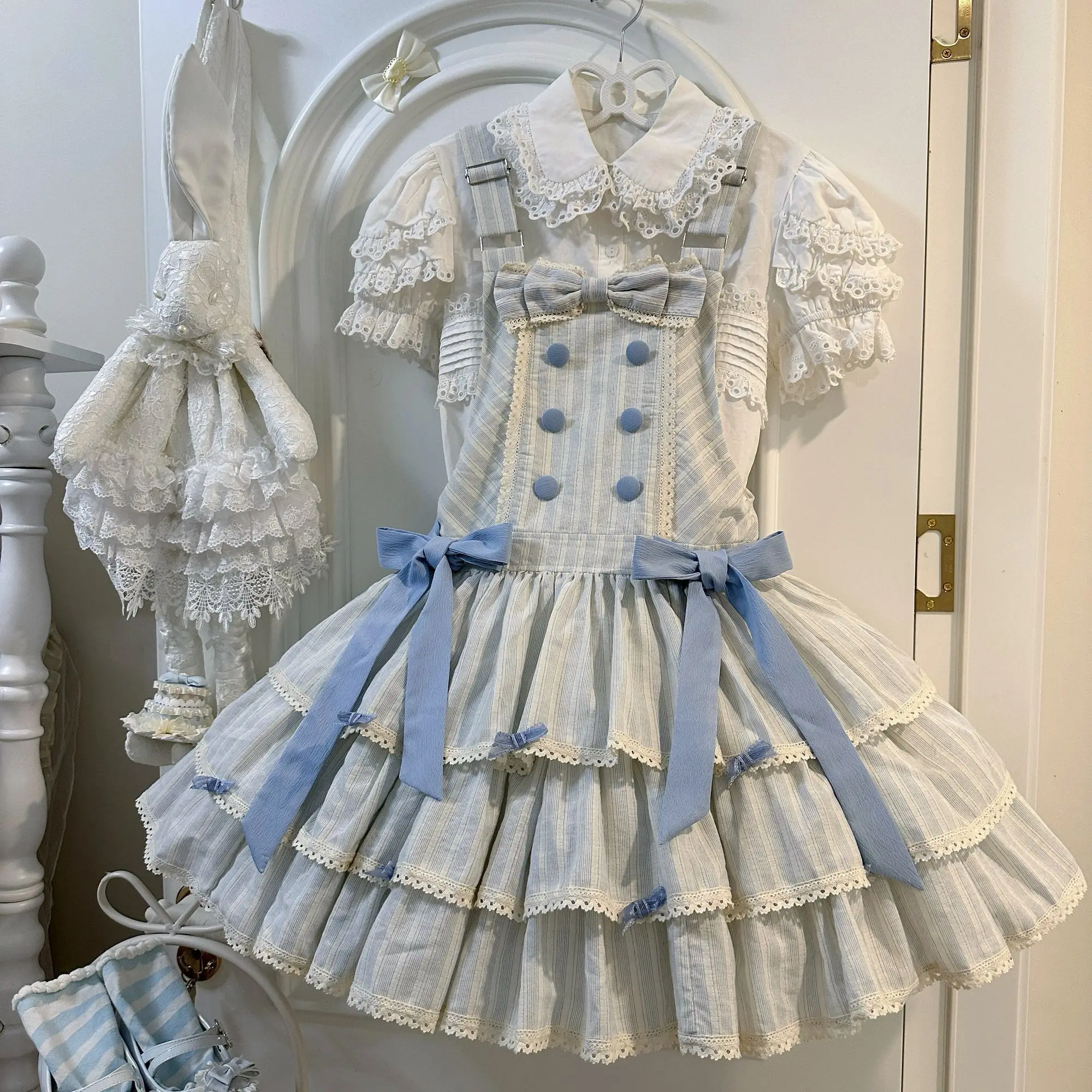 Coalfell Original Lolita Chocolate Striped Cute Strap Skirt Summer Cotton Three Layer Cake Jsk Dress