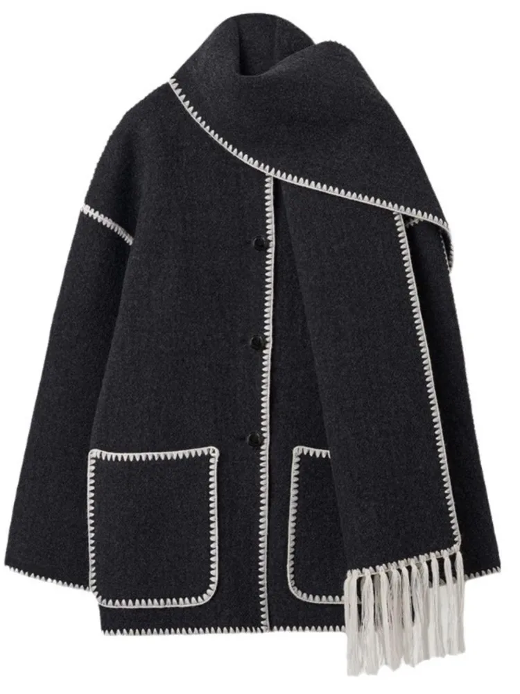 

Women Coat Autumn Winter 2025 Patchwork Fashion Sweater With Scarf Collar Multi-Color Scarf Spliced Jacket Wide Lapel Loose Fit