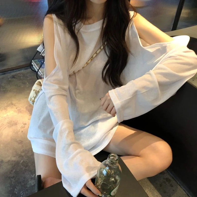 Summer New Off Shoulder Loose Top T Shirt Solid Color Long Sleeve Round Neck All-match Pullovers Fashion Casual Women Clothing