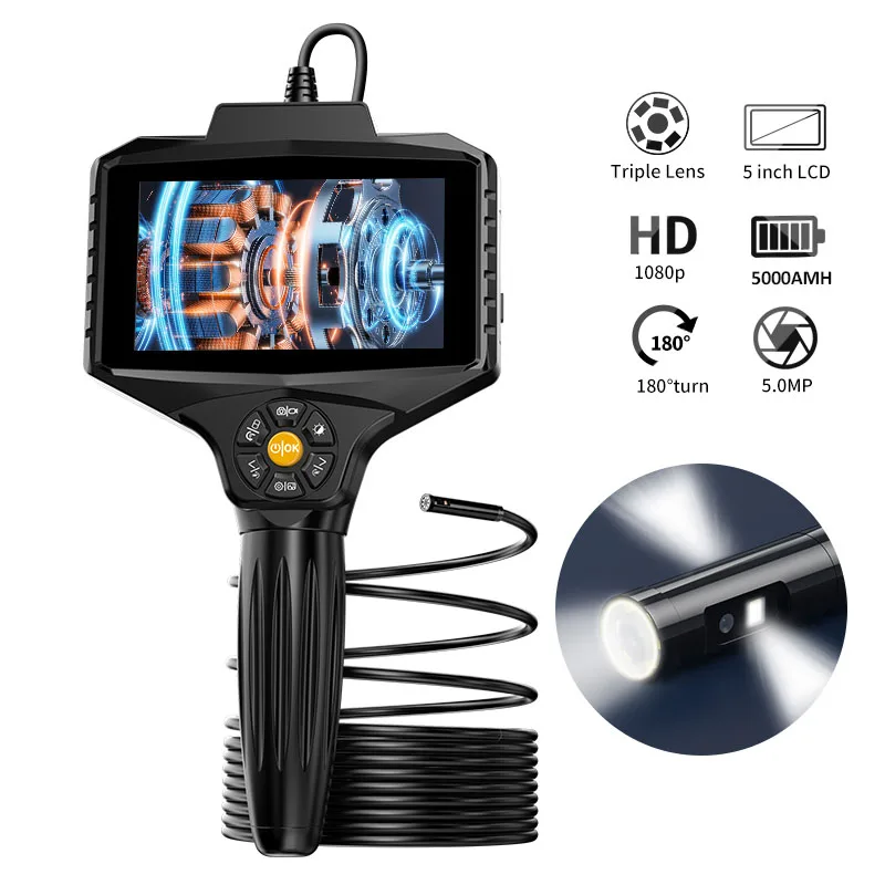 

Triple Lens Borescope 5" IPS Screen Endoscope Camera with Split Screen View 1080P HD Sewer Inspection Camera with 8 LED for Home