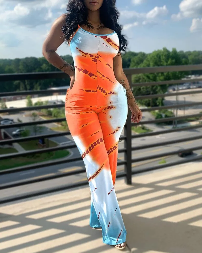 ファイオナブル スリム プリント ジャンプスーツ レディース ストラップ ハイウエスト パンツ ストリート スタイル ポリエステル 夏 ロング レギンス