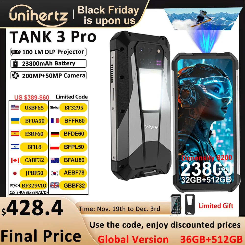Unihertz Tank 3 Pro 8849 Rugged 5G Smartphone Android with 100 Lumens Projector 32GB 512GB 23800mAh 6.79" FHD Waterproof Phone