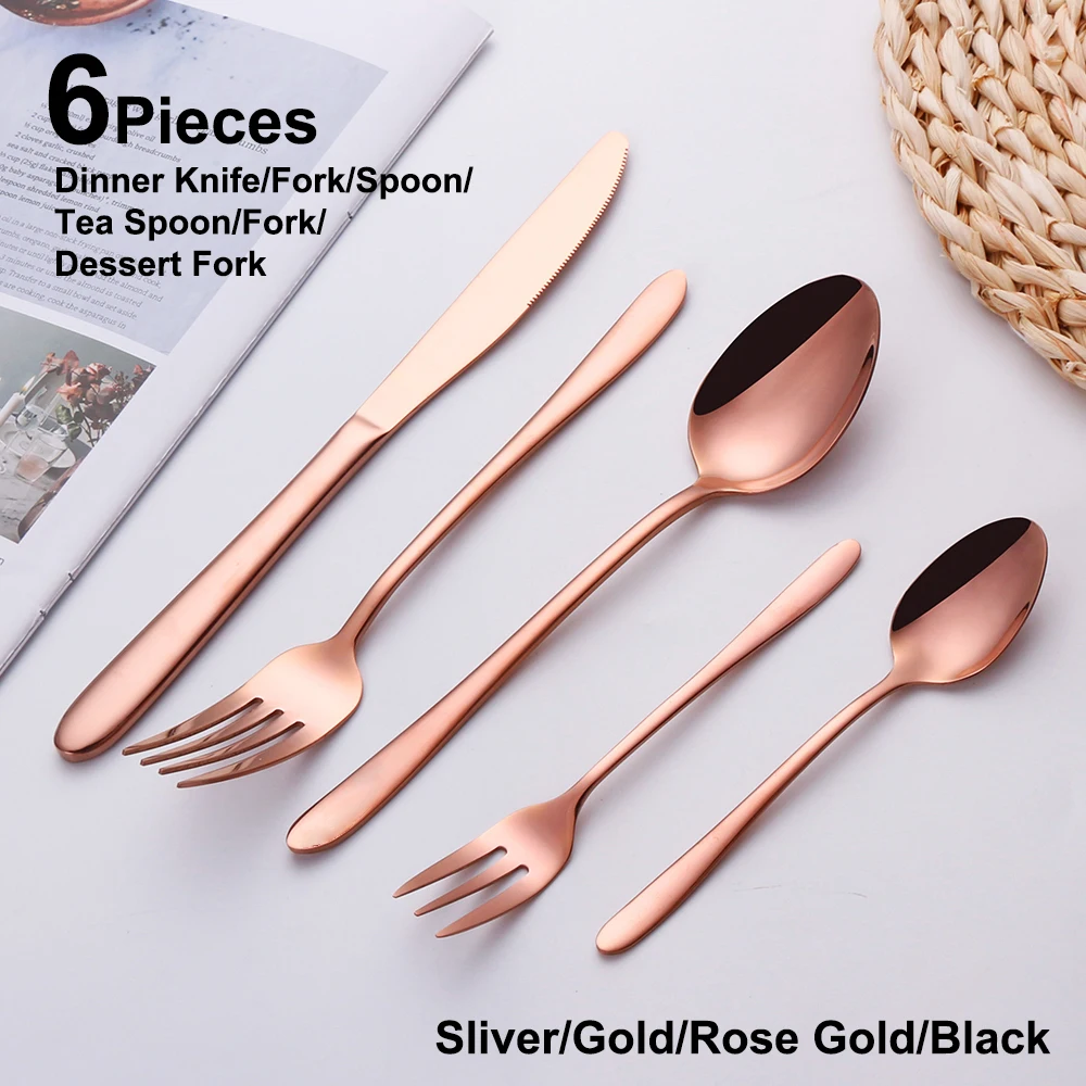 

6Pcs Silver Tableware Stainless Steel Thin Cutlery Mirror Elegant Dinner Set Gold Knife Black Fork Rose Gold Spoon Flatware