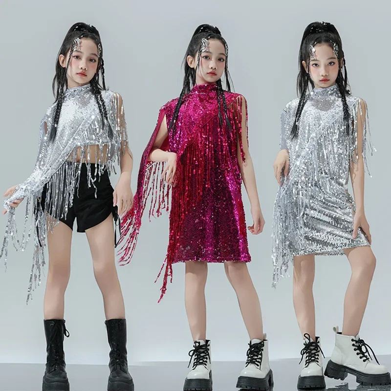 

Kid Jazz Kpop Stage Outfit Girls Silver Sequin Top Vest Shorts Children Runways Fashion Show Clothing Jazz Dance Clothes