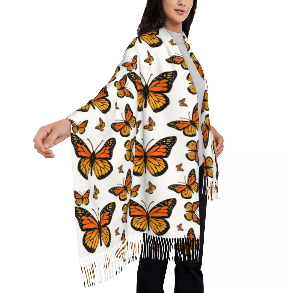 

Оранжевый шарф-рапсодия с бабочкой-монархом, шарфы с кисточками для женщин, мягкие теплые шали и накидки, длинная осенне-зимняя шаль