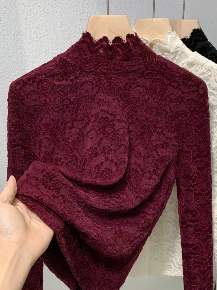 Koronkowa koszulka ze stójką i długim rękawem dla kobiet w stylu jesienno-zimowym Francuski romantyczny top z siateczki Elastyczny plus size