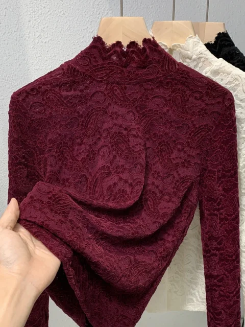 Koronkowa koszulka ze stójką i długim rękawem dla kobiet w stylu jesienno-zimowym Francuski romantyczny top z siateczki Elastyczny plus size