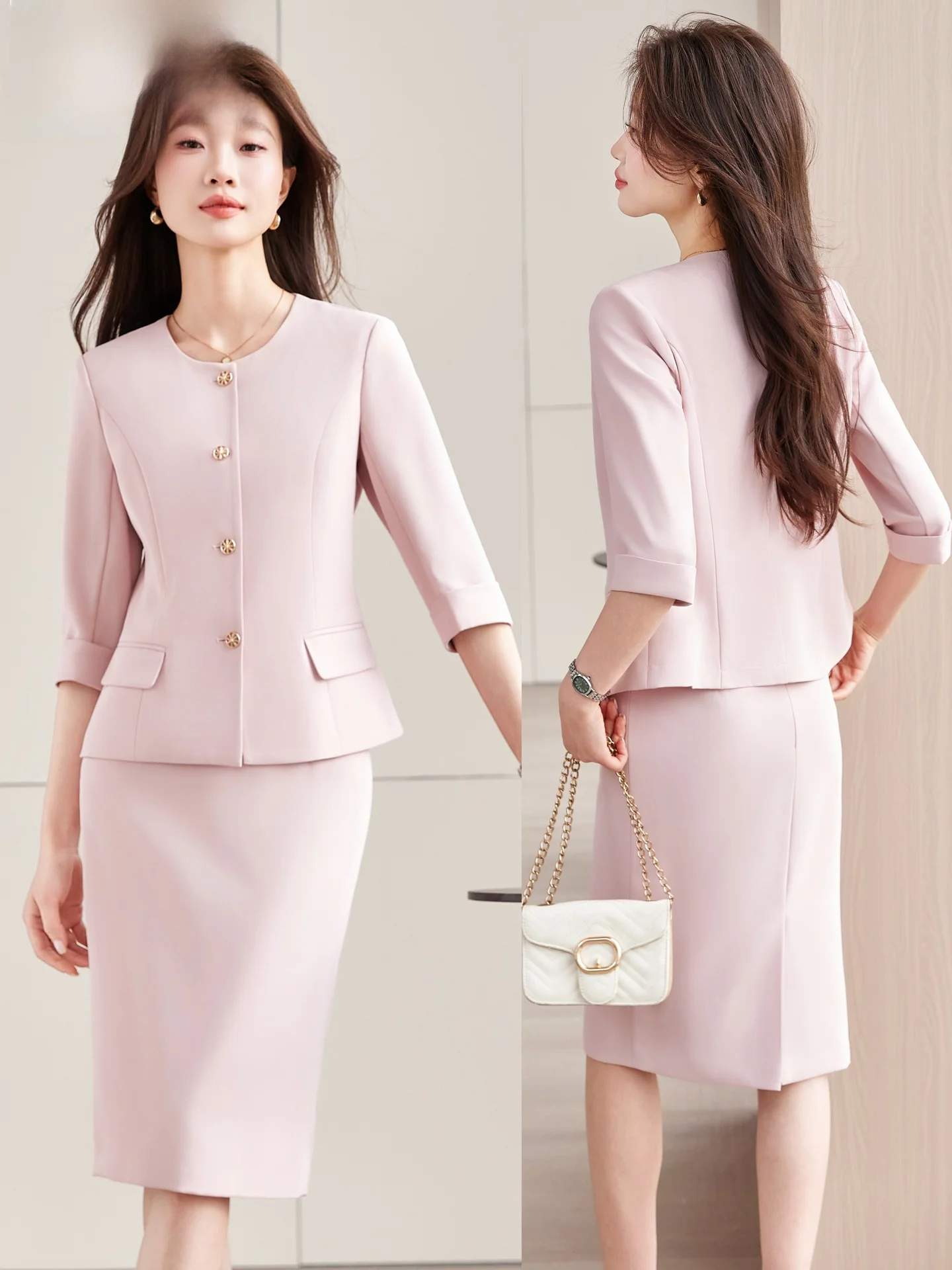 

Розовый костюм-двойка для женщин: новая весенняя коллекция, элегантный стиль для ведущих, комплект в стиле «Маленький аромат», деловой стиль, приталенный крой