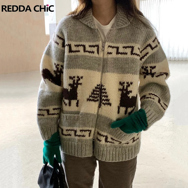 REDDACHiC Christmas Tree Reindeer Women Cardigan Sweater with Pockets Double Zip Long Sleeves Knitted Jacket Coat Winter Clothes