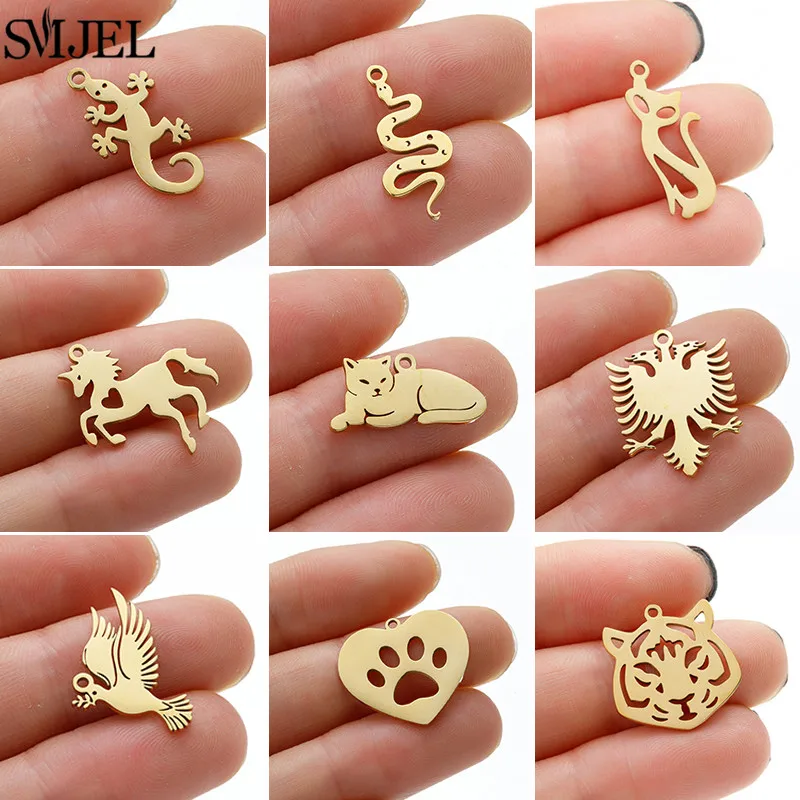 5pcs/lot Stainless Steel Animal Bird Hummingbird Necklace Pendant Novelty Snake Tiger Dog Paw Bracelet Charms DIY Accessories