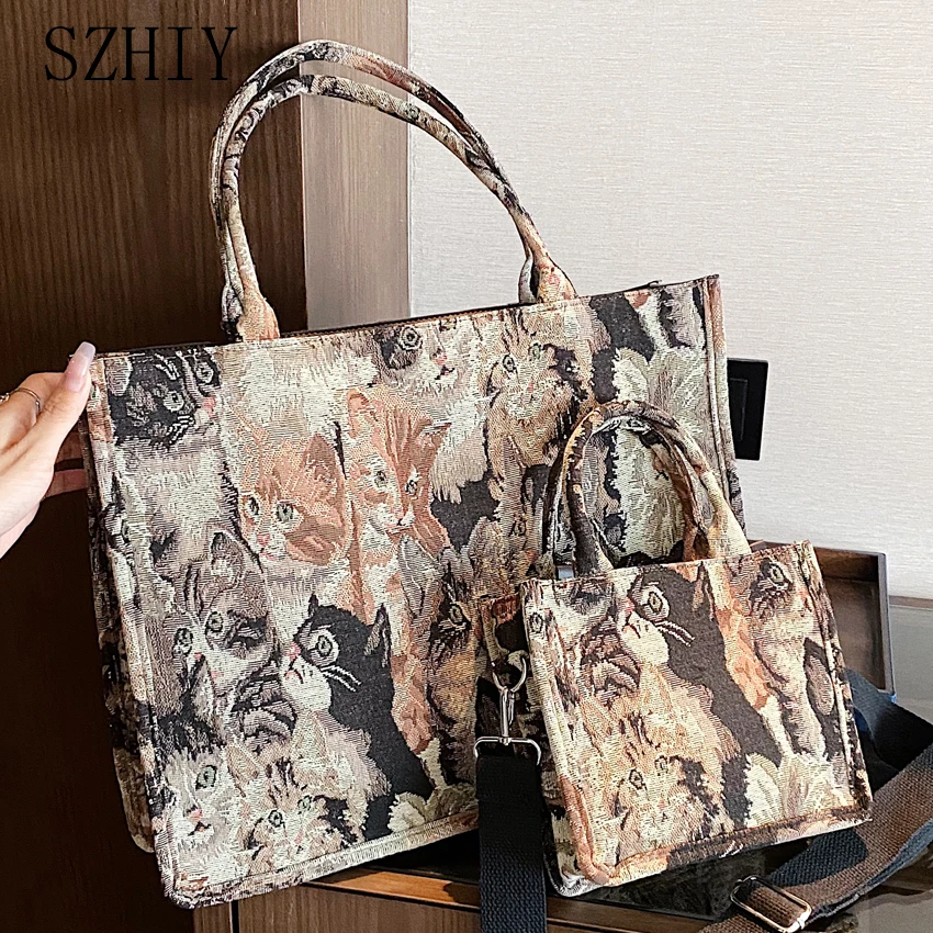 Printing Cat Tote Bag for Women Size Printed Tote Designer New Shopping Pocket High Capacity Tote One Shoulder Crossbody Purse