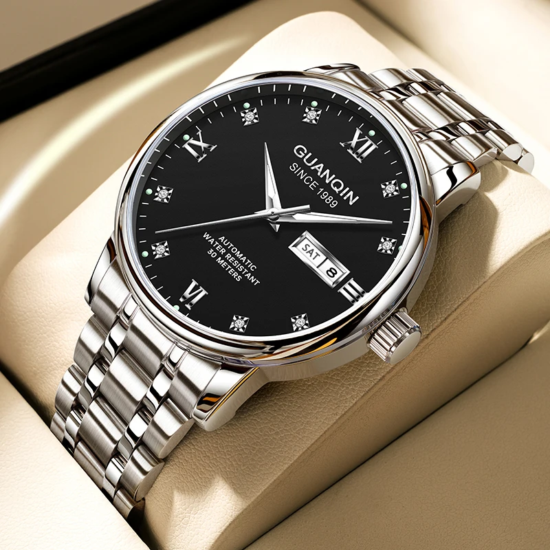 Мужские часы GUANQIN, механические часы с двойным календарем из нержавеющей стали, светящиеся водонепроницаемые мужские наручные часы для бизнеса и отдыха