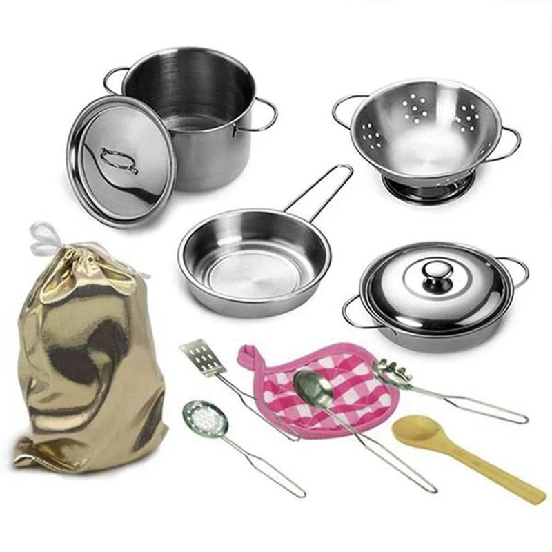 12 Pieces Pots and Pans Toys Simulation Stainless Steel Toys Play Pots and Pans Toy Set Kitchen Play Set for Children