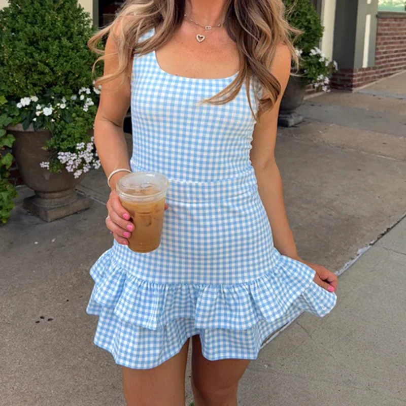 

Платье мини в клетку в стиле Y2K для женщин, сексуальное многослойное платье-бэбидолл с рюшами по низу, милое облегающее платье без рукавов с открытой спиной, костюмы в стиле преппи