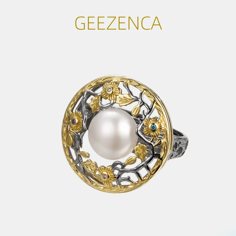 

GEEZENCA S925 Silver Hollow Flower Natural Pearl Women's Ring Vintage Luxury Gold Plated Round Cocktail Rings High Quality Gift