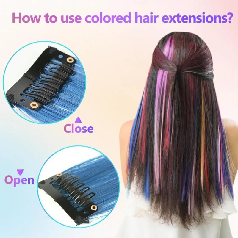 1 5 11 Pcs/lot Clip in Hair Extensions Multi-Colors Highlights Synthetic Hair 22 inch Rainbow Hairpieces for Girls Women Kids