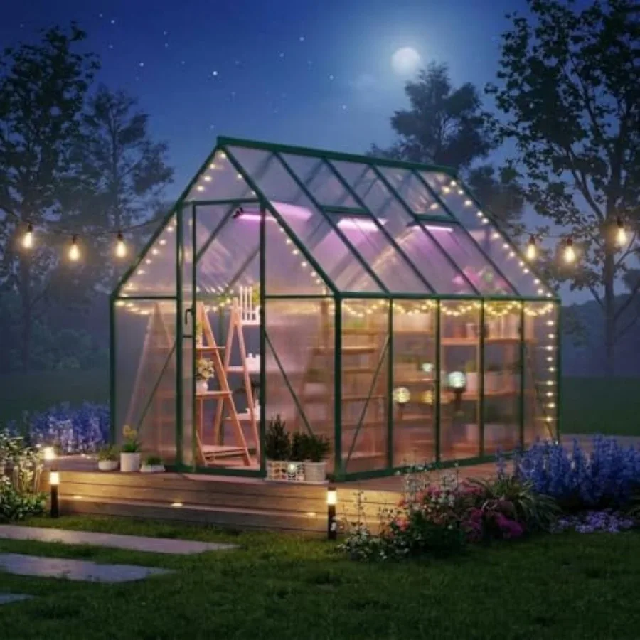 Outdoor polycarbonate house kit for all-season use, durable aluminum frame, gray color, weather-resistant with adjustable roof