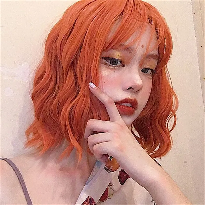 

Orange air bangs wig, ladies short curly hair, synthetic cosmetic polyester wig cap for daily wear