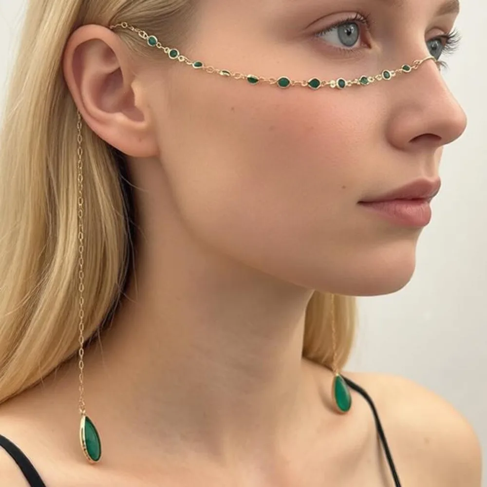Exotic Ear-hanging Long Teardrop Red Crystal Tassel Face Chain for Women No Piercing Dangle Earrings Atmosphere Facial Jewelry