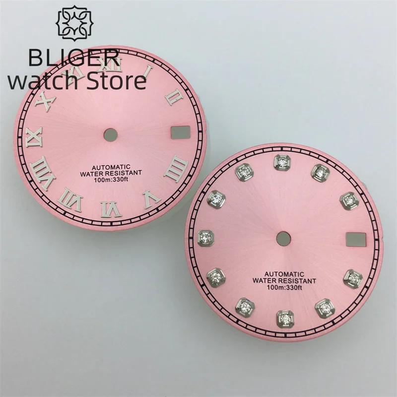 BLIGER/ Custom Logo NH35 Dial 29mm Pink Dial Roman/Diamond index Fit NH34 NH35 NH36 Movement