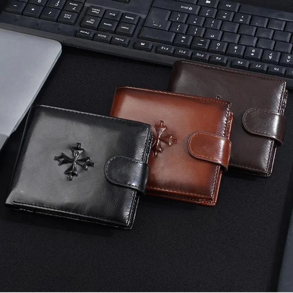 

Cross 3 Fold Wallets PU Leather ID Badge Holder Anti-theft Cash Bag Credit Card Case Solid Color Men's Short Wallet Shopping