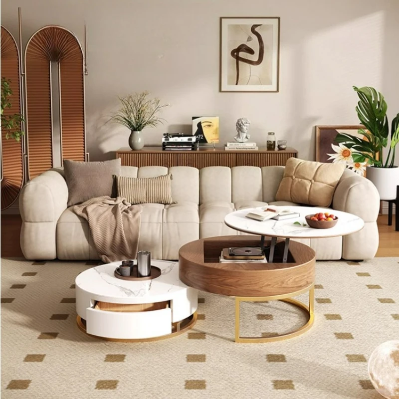 LTT light luxury lift coffee table TV cabinet combination Nordic modern simple rock slab round tea table
