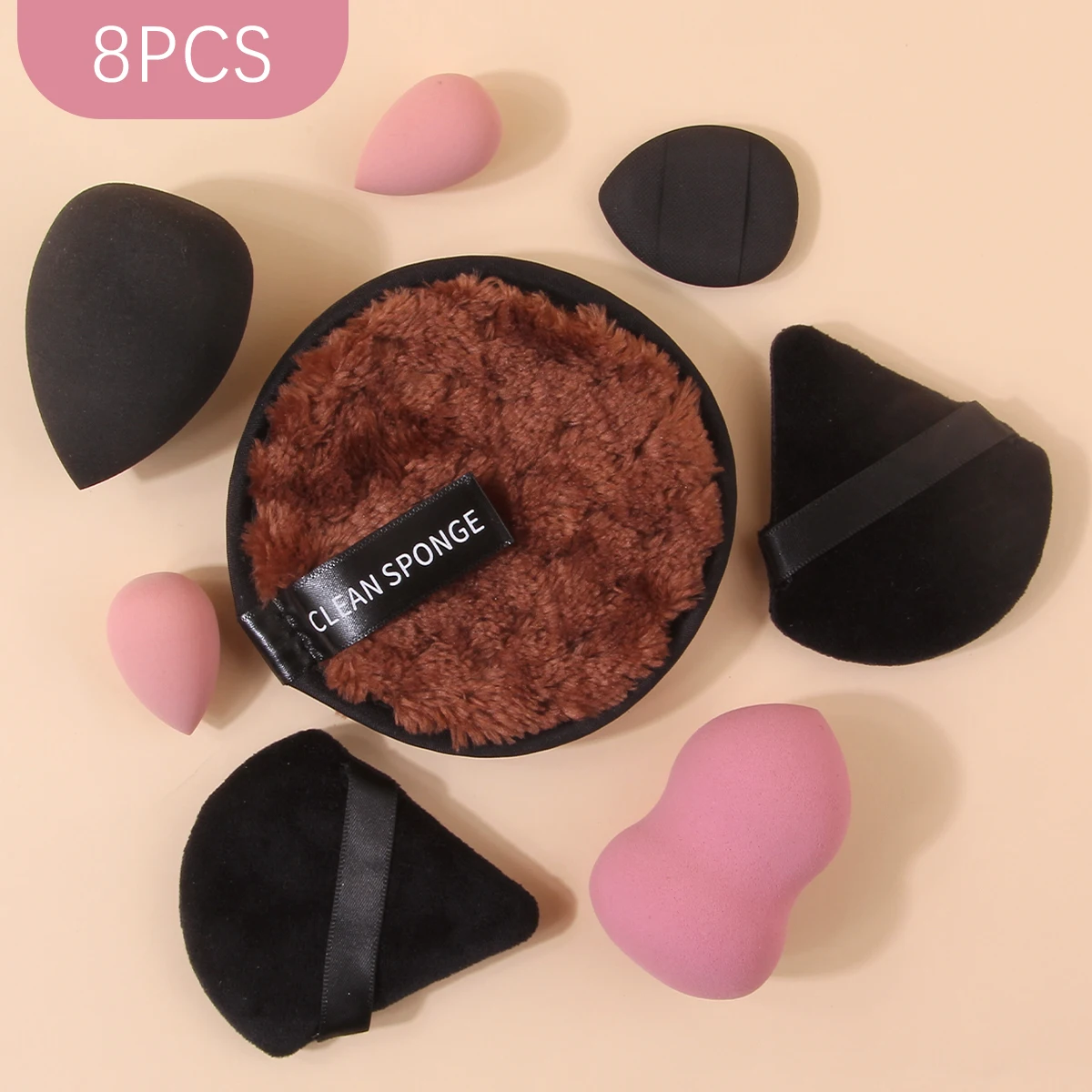 8PCS Portable travel facial makeup tools: triangular powder puff/sponge egg, mini water drop/powder puff, round cleansing puff