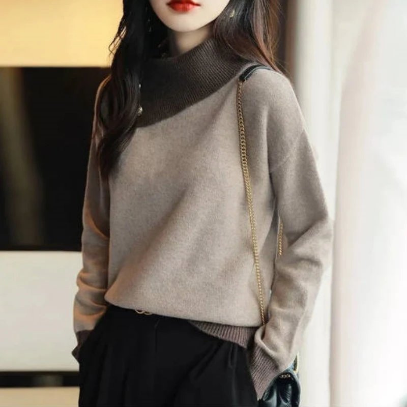 Korean Women Knitted Sweater 2024 Autumn/Winter New Fashion Hoodie Color blocked Versatile Top High Grade Thin Bottom Shirt