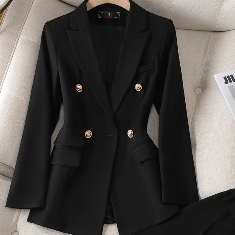 2023 Woman Blazer Jacket Long Pants Two Piece Sets Women Solid Office Lady Single Breasted Tops Normal Clothes Outfits