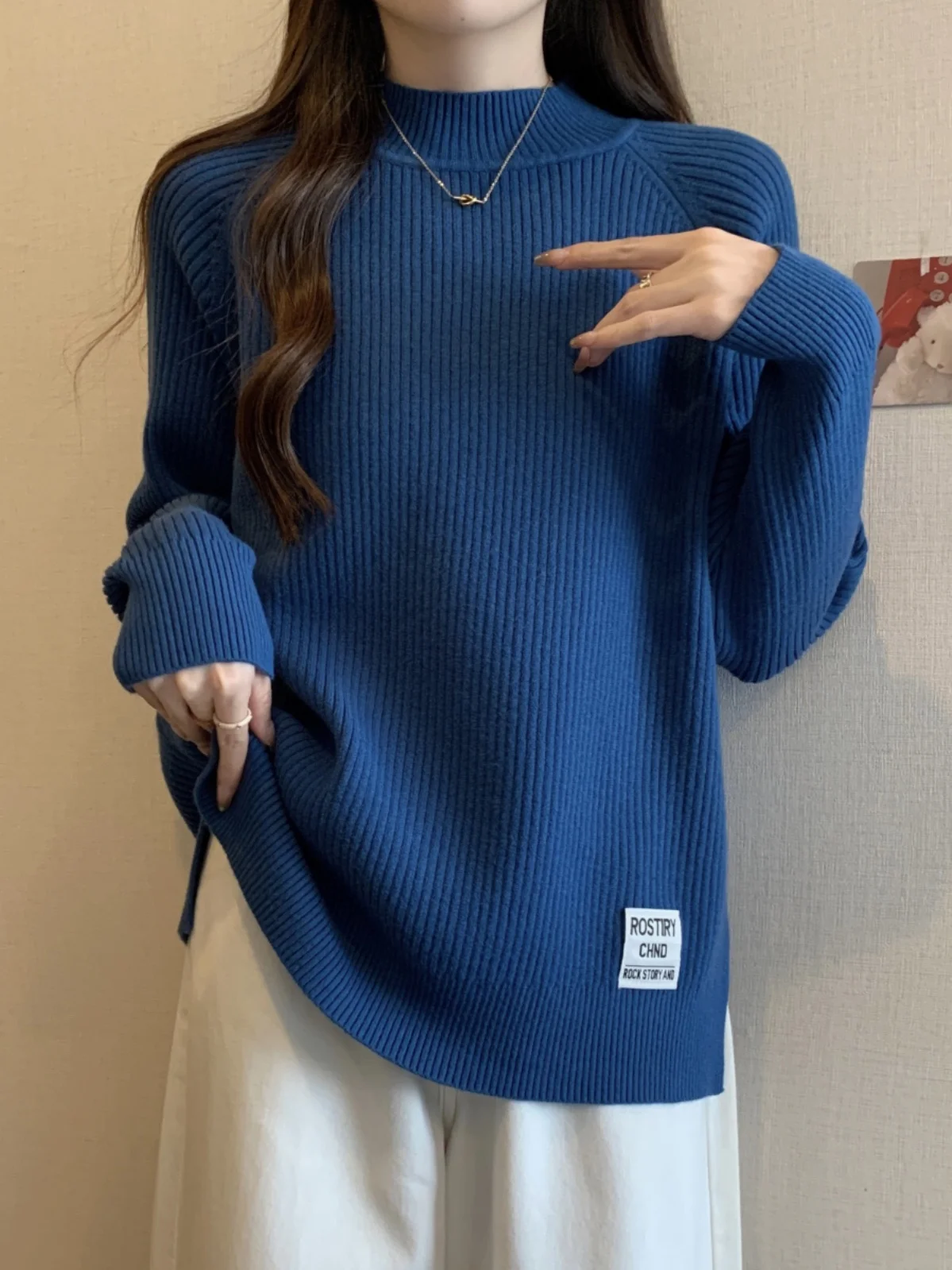 Suéter Hoado de Punto para Mujer, Otoño Invierno, Cuello Medio Alto, Felpa, Talla ande, Cseta Base, Cubre el Abdomen, ...