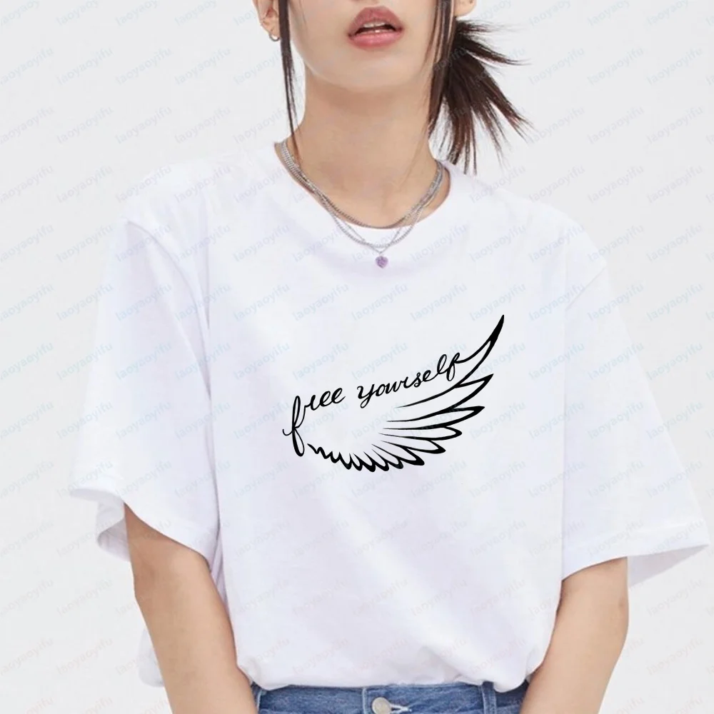 Free Yourself  Simple Angel Wings Female Y2K Tee Retro Angel Wing Print Short Sleeve T-shirt Teen Girls Streetwear Casual Tops