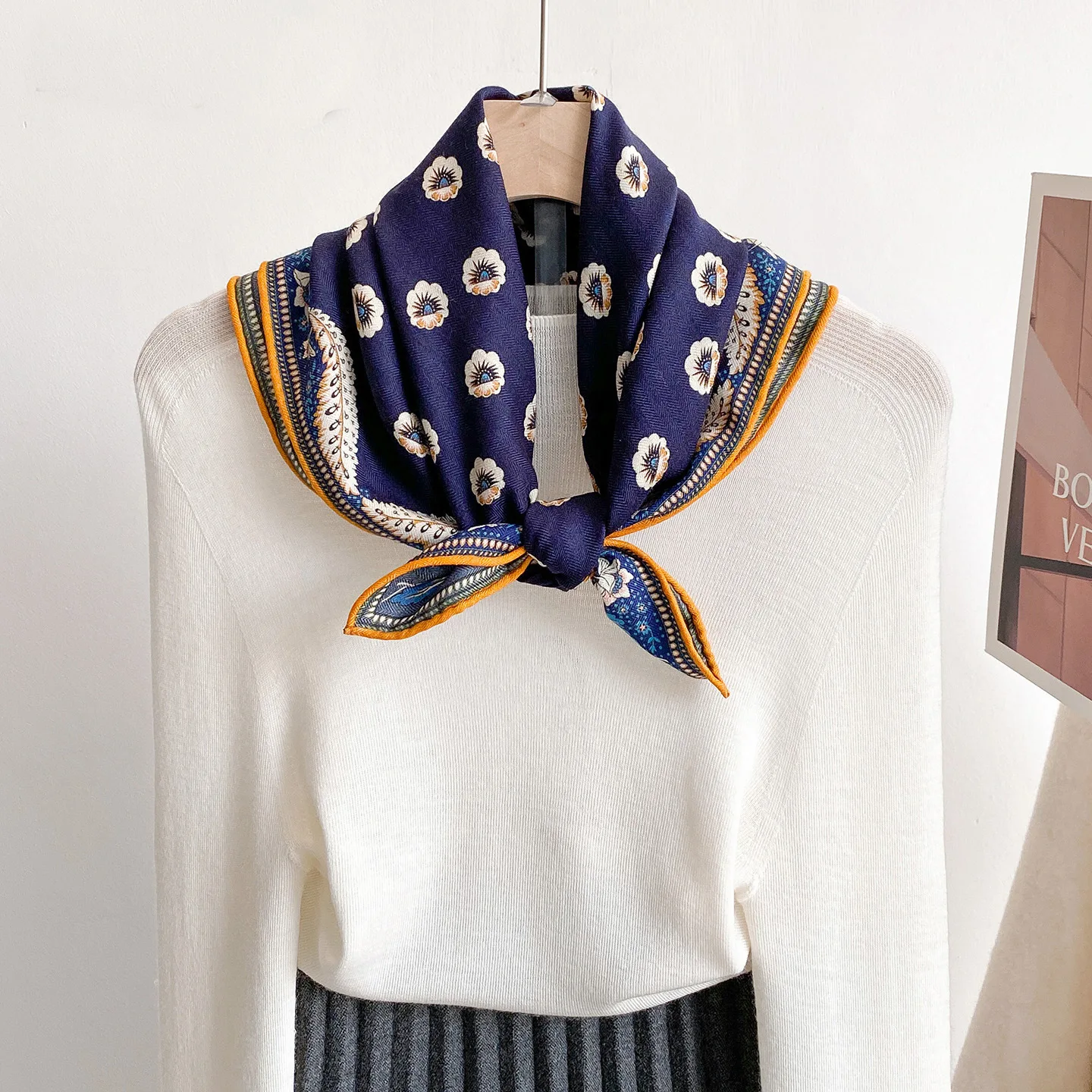 

30% Silk 70% Wool Designer Scarf Luxury Brand Silk Wool Square Neck Scarves Elegant Navy Blue Printed Neck Warmer Accessories