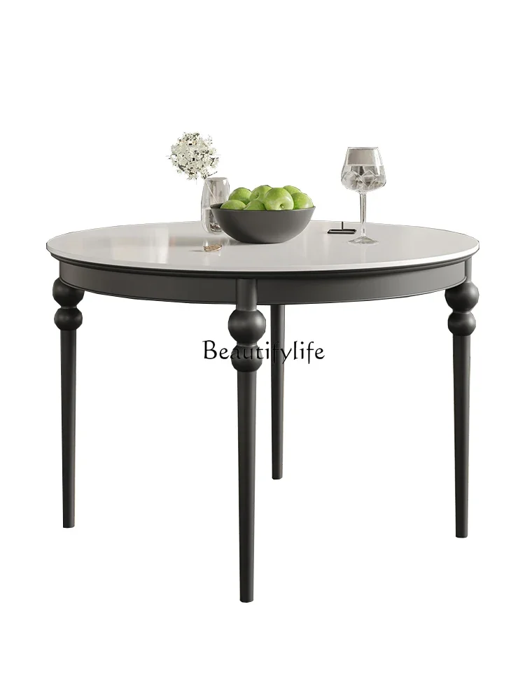 

ls 04French solid wood round dining table household small apartment black dining table