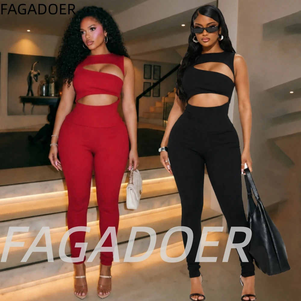 FAGADOER Summer Sexy Hollow Out Bodycon One Piece Jumpsuits 2026 Women Fashion Solid Color Ribbed Off Shoulder Skinny Rompers