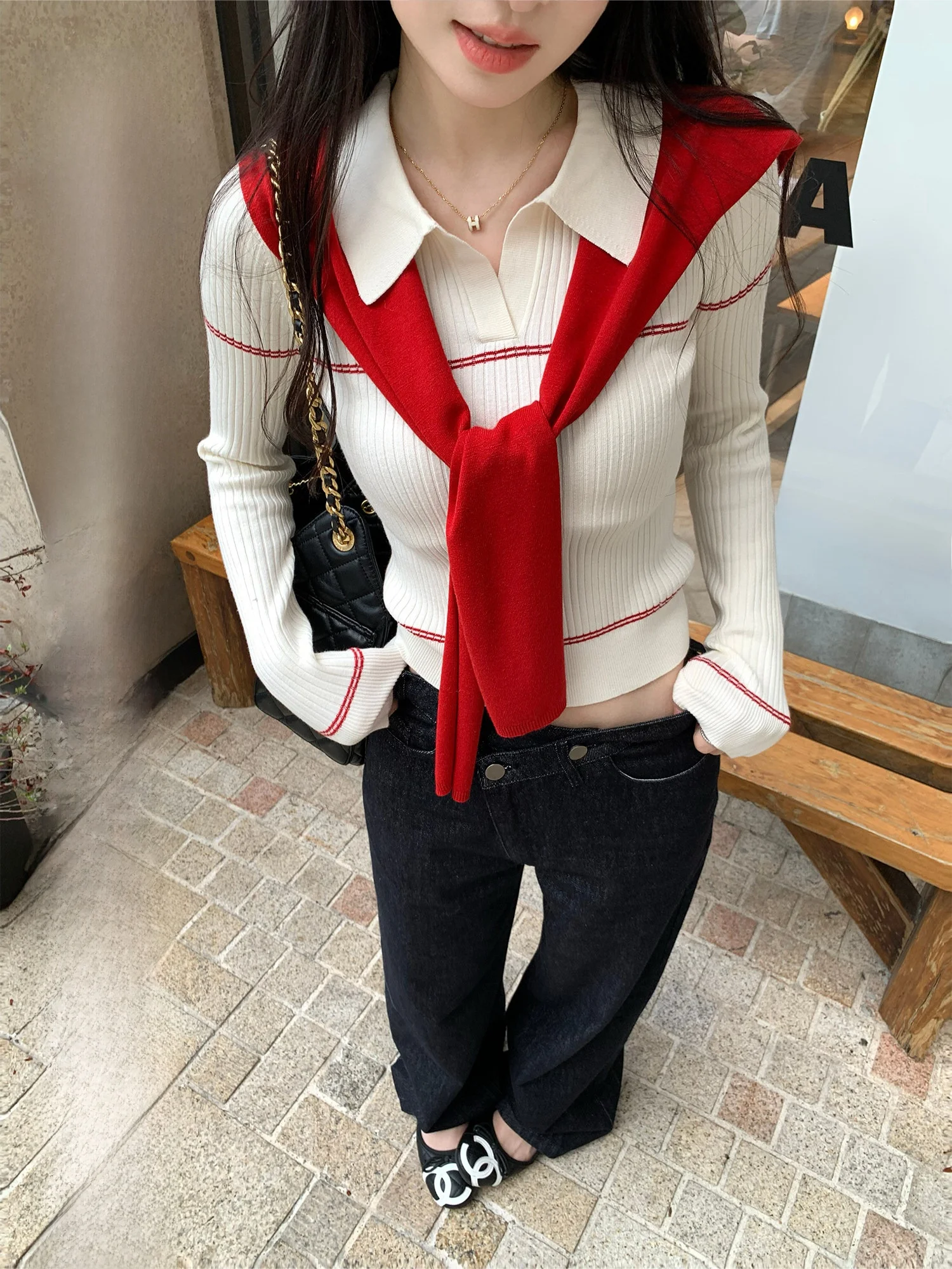 

Белый вязаный свитер с длинным рукавом для женщин, приталенный, весенне-осенний топ Yeojuqi, с цветовыми блоками и дизайнерским узором, вязаная базовая кофта