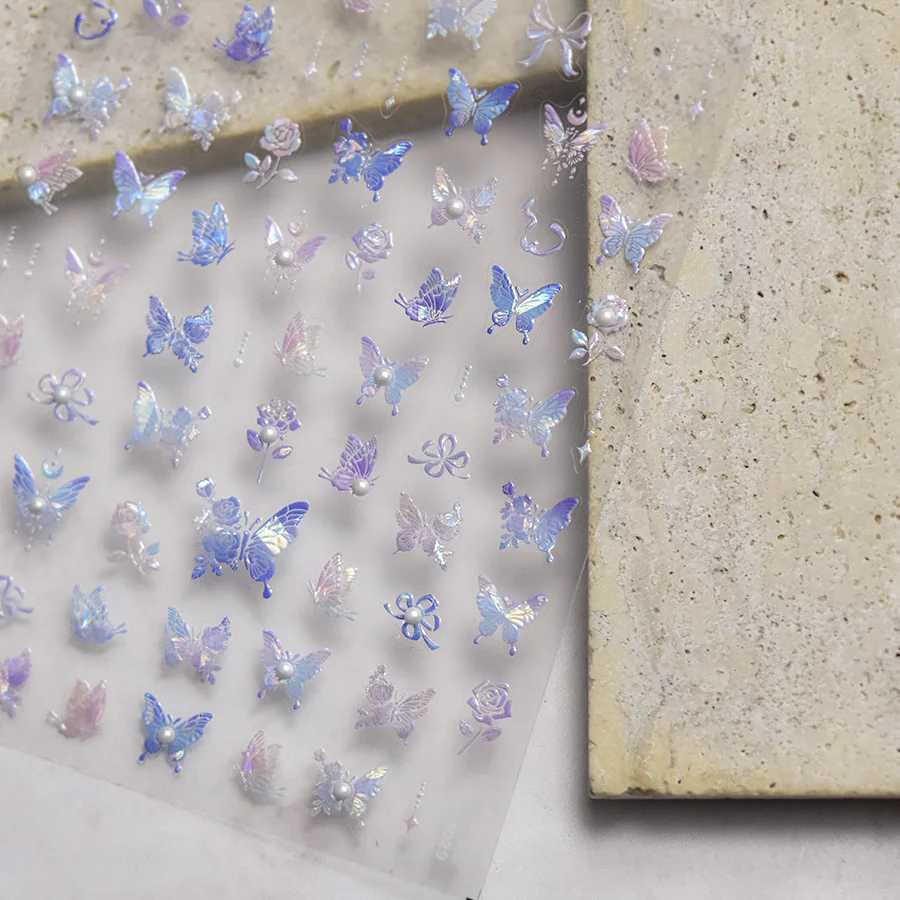 사파이어 샤인 블루 나비 날개 5D 네일 아트 스티커 우아한 동물 곤충 세련된 자기 접착제 장식 매니큐어 데칼 DIY