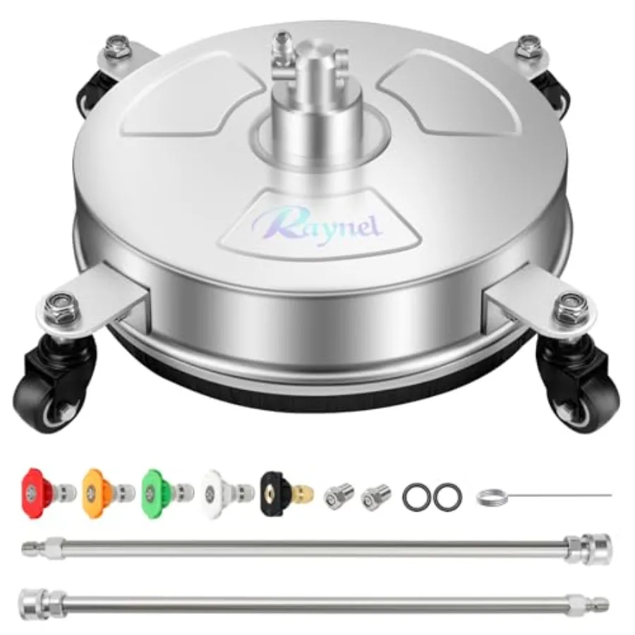 Pressure Washer Surface Cleaner with 4 Wheels Staless Steel Housg 1/4" Quick Plug 2 Extended Wands 2 Replacement Nozzles