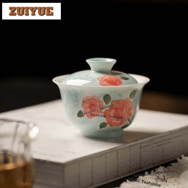 

160ml Hand-painted Rose Gaiwan Aesthetic Tea Tureen Household Tea Bowl With Lid Kit Tea Maker Cover Bowl Tea Services Ornaments