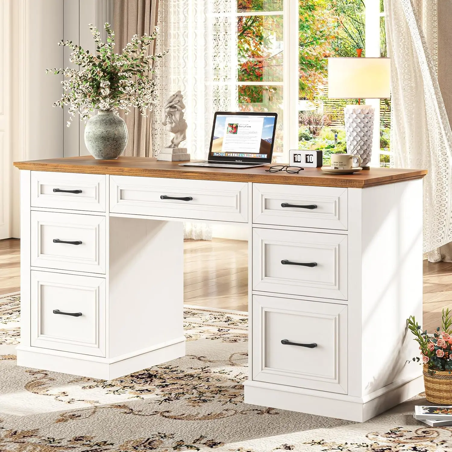 Farmhouse Executive Desk with File Drawers, 59