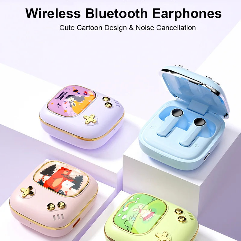 

Wirlesss Bluetooth Earphones Cute Pink Cartoon Half in Ear Hifi Stereo Earbuds with Mic Sports Noise Cancellation HD Headset