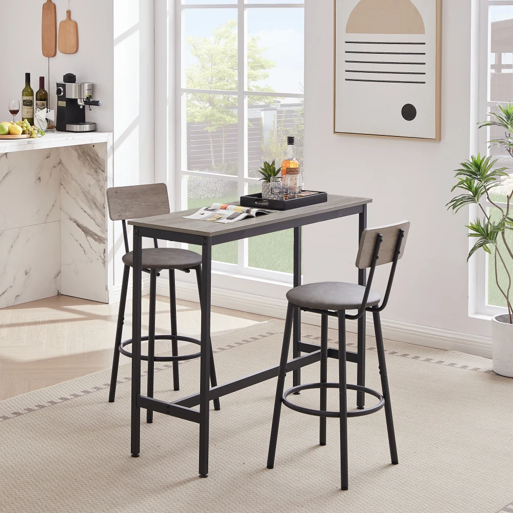 Bar Table Set with 2 Bar Stools PU Soft Seat with Backrest Grey 43.31'' L X 15.75'' W X 35.43'' H
