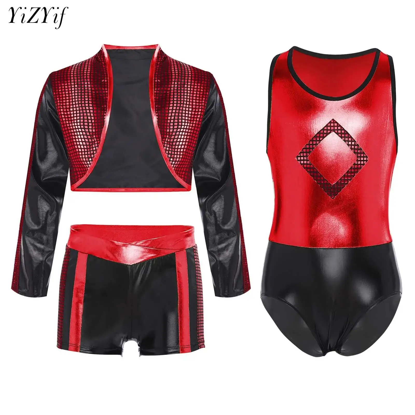 

Kids Girls Metallic Ballet Dance Outfits Color Block Gymnastics Jersey Leotard with Shorts Jacket Set for Jazz Sports Yoga