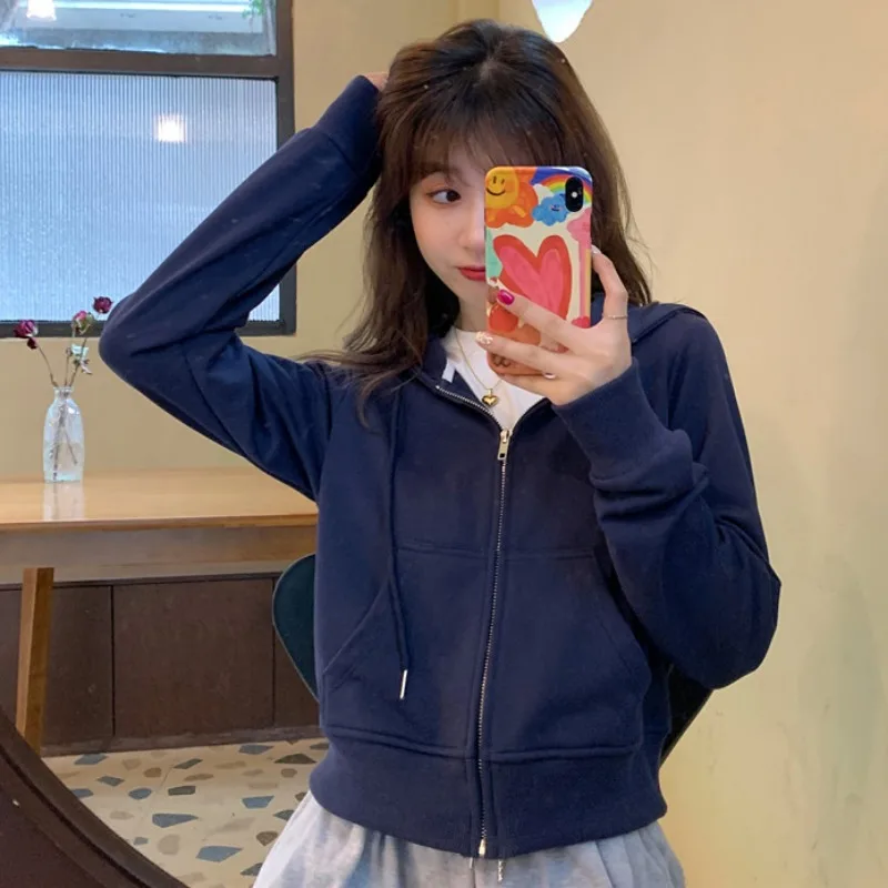 Spring Autumn Women Short Zip-up Hoodie Girls Student Loose Cardigan Jacket Woman Casual Long-sleeve Top Lady Casual Sweatshirt